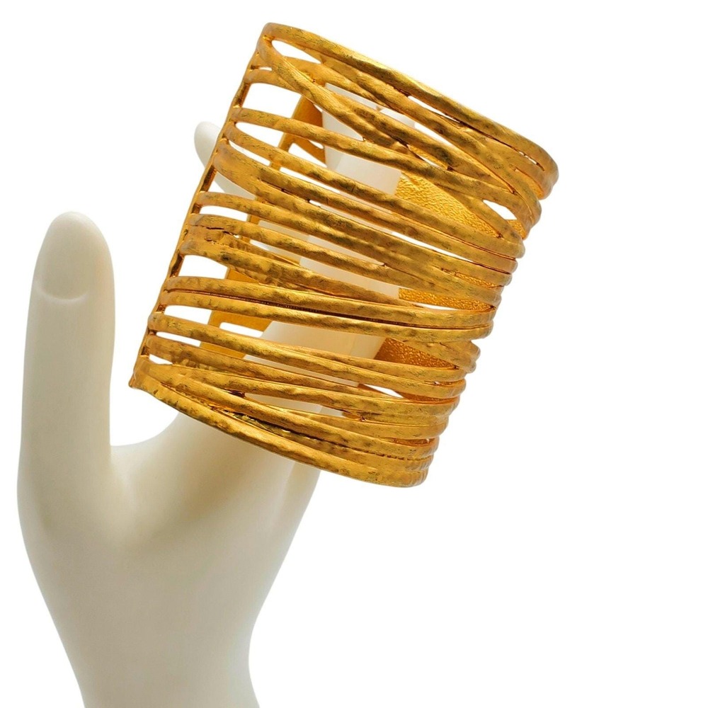 Wide Matte Gold Tone Bangle Cuff Stacked Bracelet Sculptural Modernist Boho Fajl